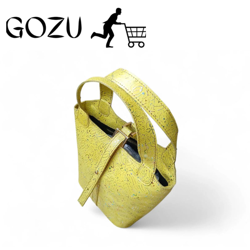 Guzo Women's Yellow Embossed Leather Bucket Bag