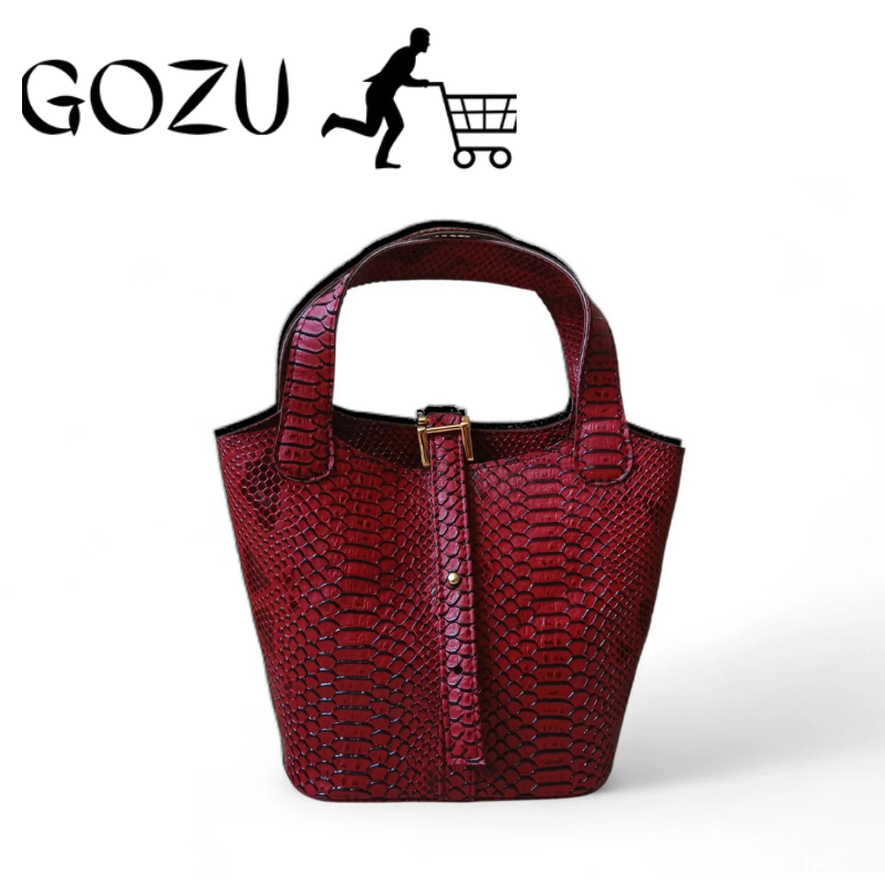 Guzo Women's Maroon Crocodile Pattern Leather Bucket Bag