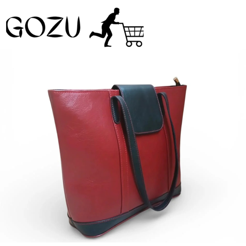 Guzo Red & Black Full-Grain Leather Tote Handbag for Women