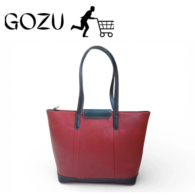 Guzo Red & Black Full-Grain Leather Tote Handbag for Women