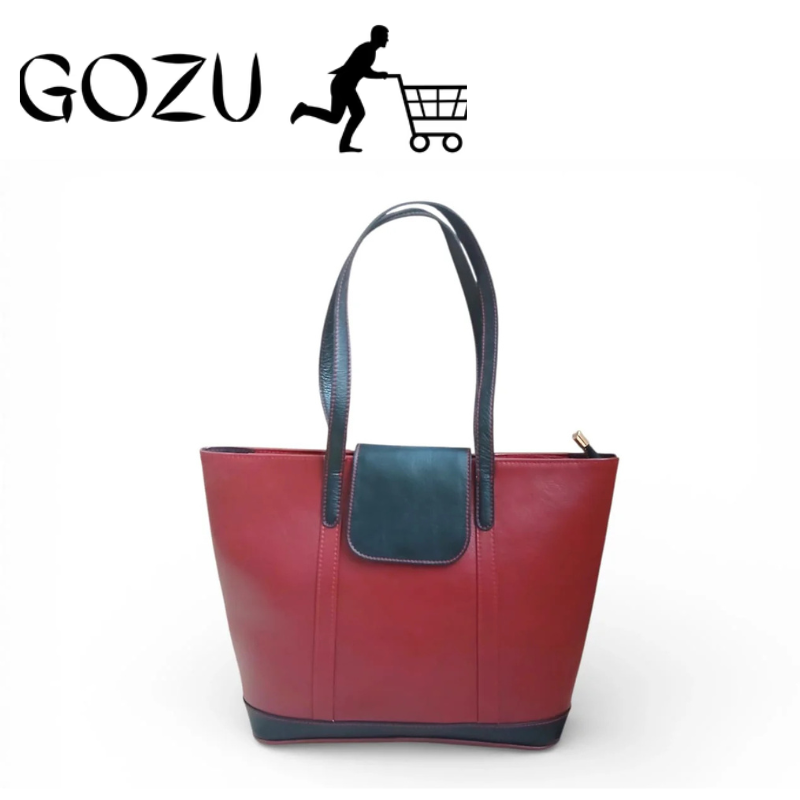 Guzo Red & Black Full-Grain Leather Tote Handbag for Women