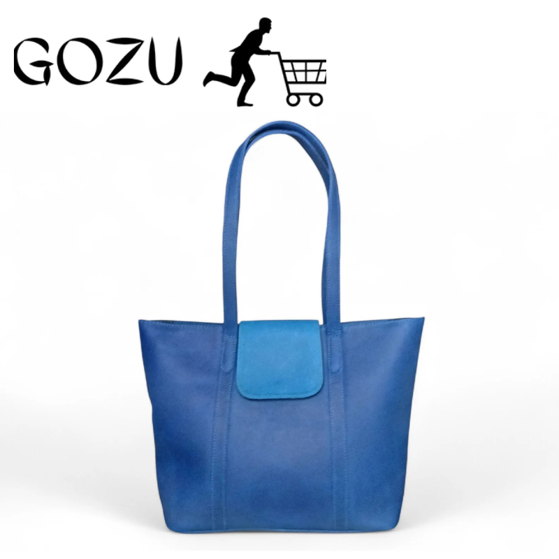 Guzo Blue Full-Grain Leather Tote Handbag for Women