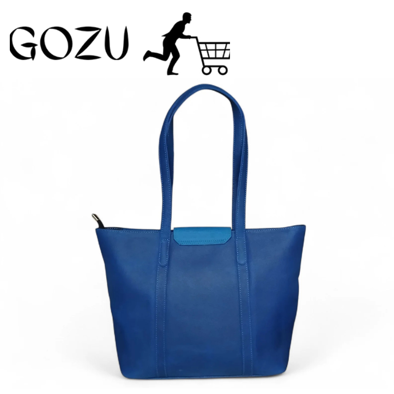 Guzo Blue Full-Grain Leather Tote Handbag for Women