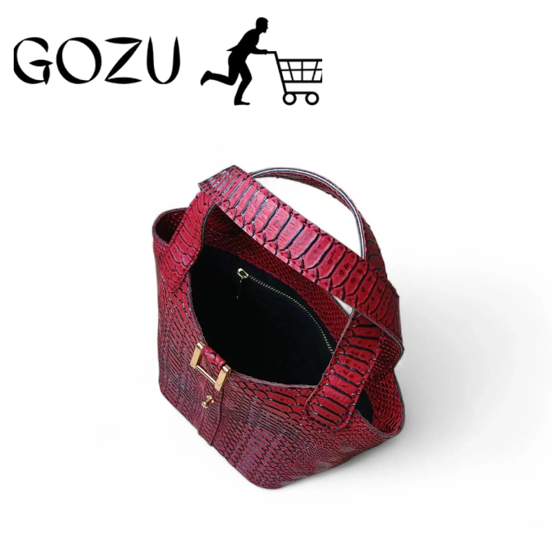 Guzo Women's Maroon Crocodile Pattern Leather Bucket Bag